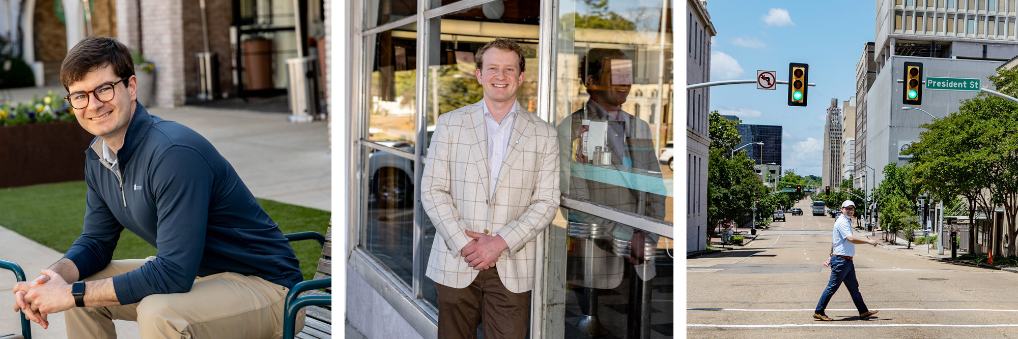 Three professional portraits of business lending team members in outdoor urban settings